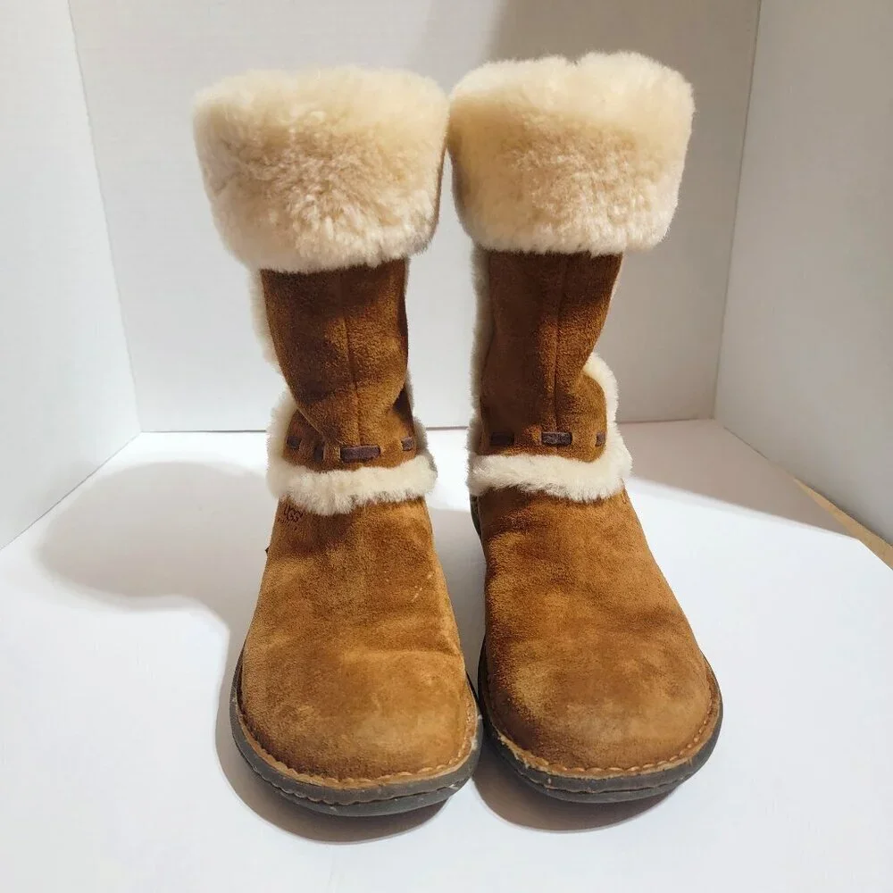 UGG Elijo Toast Suede Shearling Cuff Boots Women’s Size 7